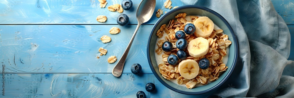 Top view of cereal, banana slice, blue berry, milk in a bowl on light blue rustic wooden table. Spoon, napkin Top view of cereal, banana slice, blue berry, milk in a bowl on light blue rustic wooden table. Spoon, napkin