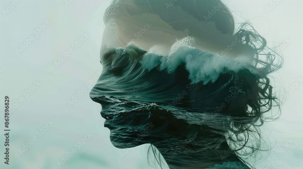 Image of a woman with waves and the ocean layered over her, evoking serenity and connection to nature in double exposure Image of a woman with waves and the ocean layered over her, evoking serenity and connection to nature in double exposure