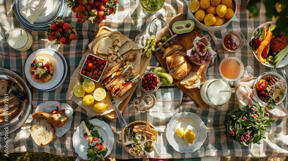 Overhead shot of a summer picnic spread with sandwiches, fresh fruit, and lemonade on a checkered blanket.