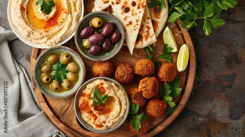 Wallpaper Mural Overhead shot of a Mediterranean mezze platter with hummus, pita bread, olives, and falafel. Torontodigital.ca