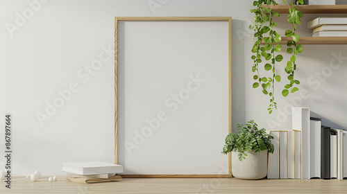 mock up frame on rose brick wall, 3d rendering photo