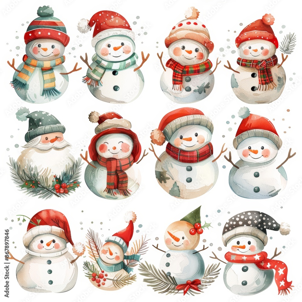 Watercolor illustration of various cute snowmen wearing hats and scarves, adorned with holiday greenery. Perfect for cheerful and festive winter designs. Watercolor illustration of various cute snowmen wearing hats and scarves, adorned with holiday greenery. Perfect for cheerful and festive winter designs.
