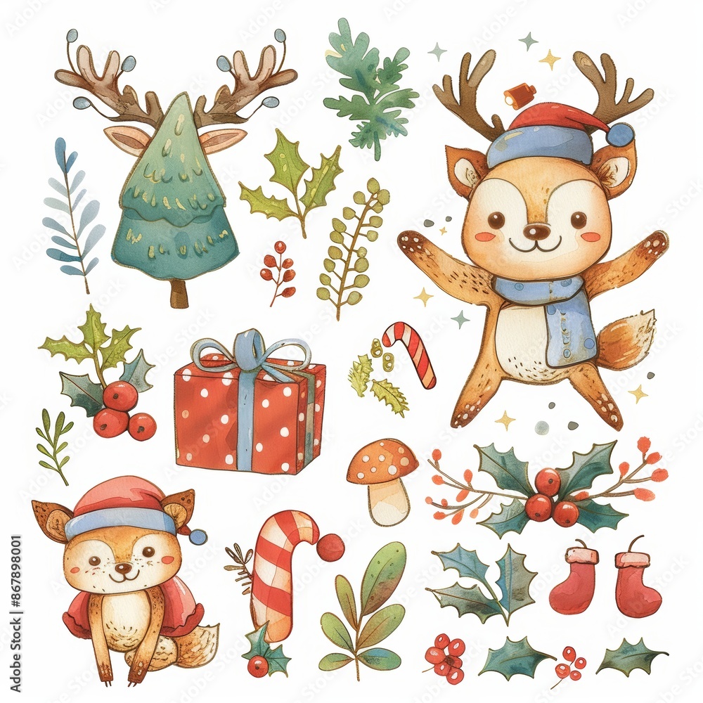 Fototapeta premium Watercolor illustration of cute woodland animals with holiday elements like holly and gifts. Perfect for festive and whimsical Christmas designs.