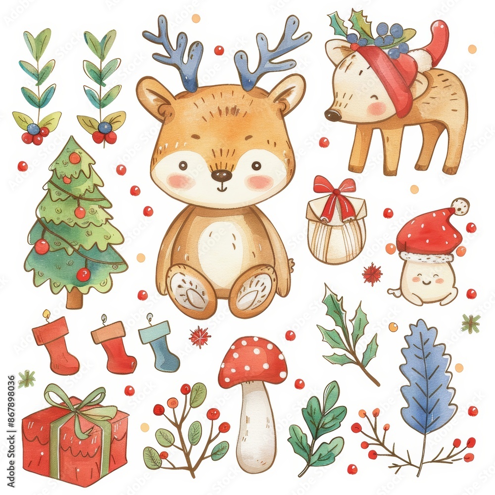 Fototapeta premium Watercolor illustration of cute woodland animals with holiday elements like holly and gifts. Perfect for festive and whimsical Christmas designs.
