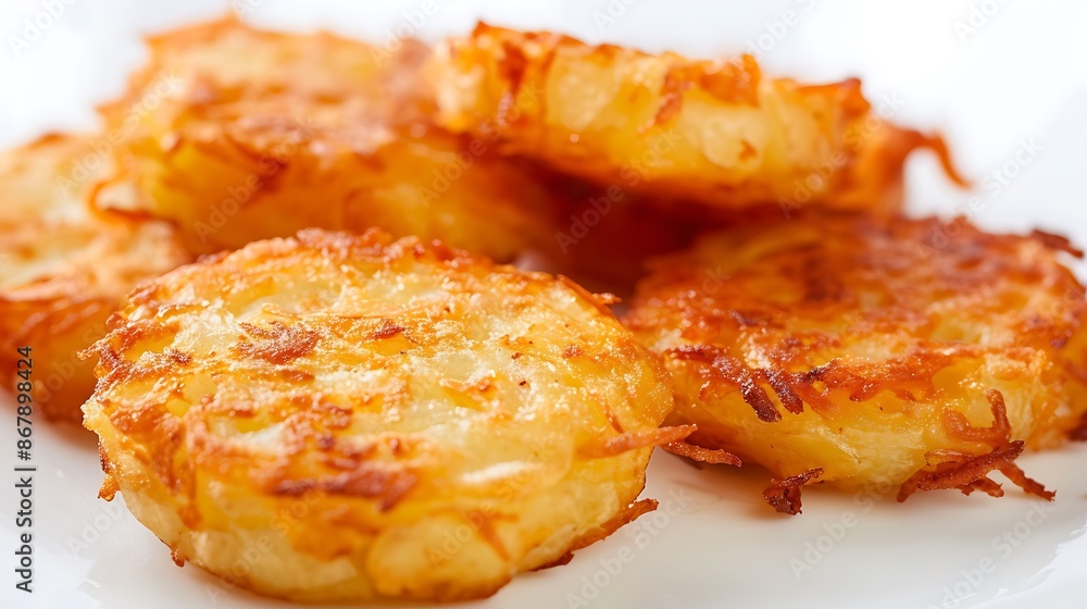 Crispy hash browns perfectly golden a white background Crispy hash browns perfectly golden a white background