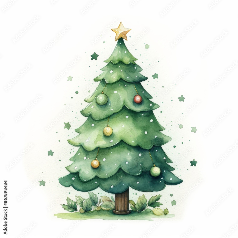 Watercolor hand drawn green Christmas tree Watercolor hand drawn green Christmas tree