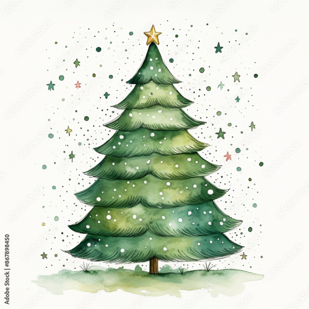 Watercolor hand drawn green Christmas tree Watercolor hand drawn green Christmas tree