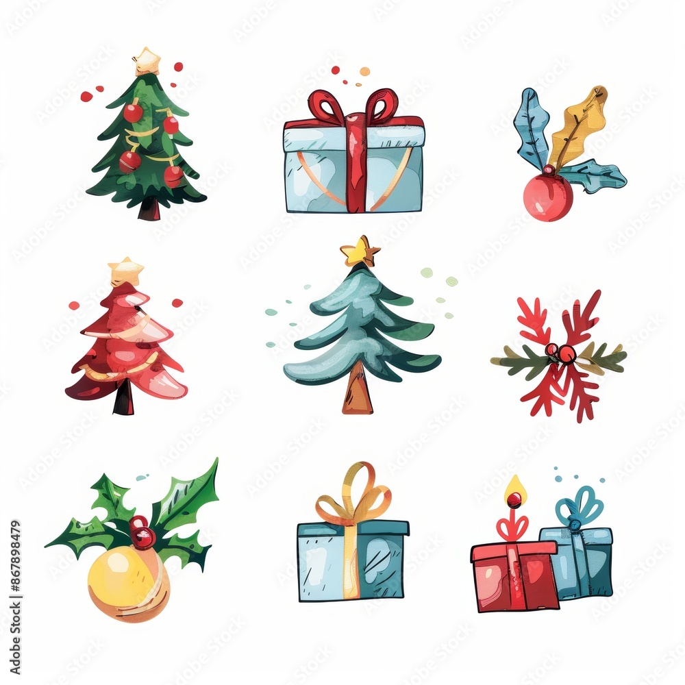 Watercolor illustration of various Christmas trees and gifts, decorated with bows and ornaments. Perfect for festive and colorful holiday designs. set isolated on white background Watercolor illustration of various Christmas trees and gifts, decorated with bows and ornaments. Perfect for festive and colorful holiday designs. set isolated on white background