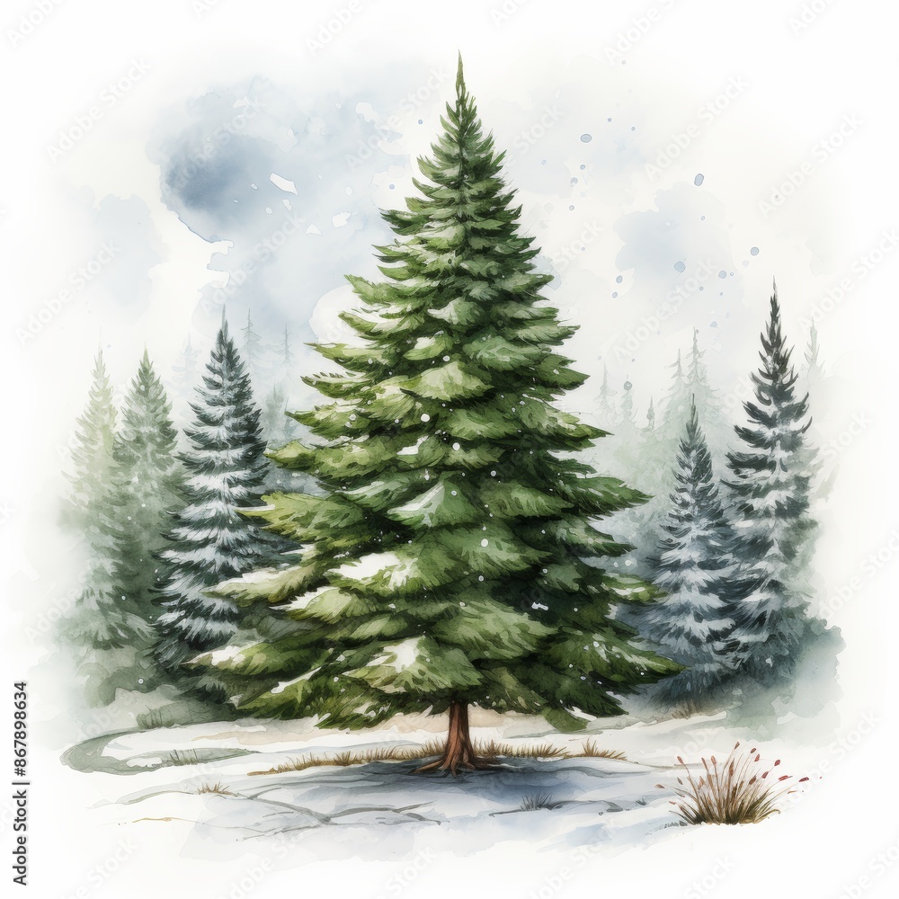 Obraz premium Watercolor hand drawn green Christmas tree