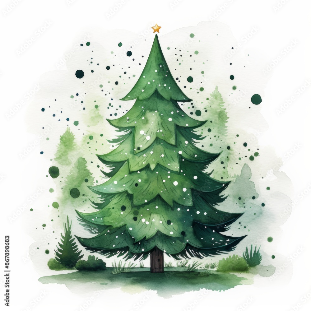 Fototapeta premium Watercolor hand drawn green Christmas tree