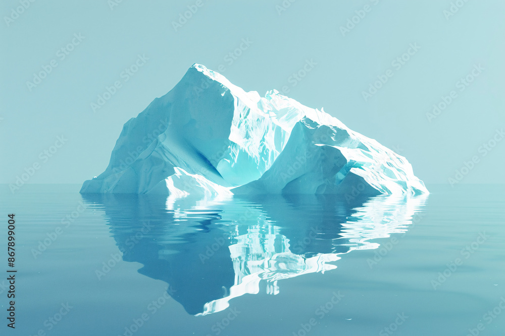 Obraz premium A large iceberg with intricate textures reflecting on the still clear water under a bright sky creating a peaceful scene