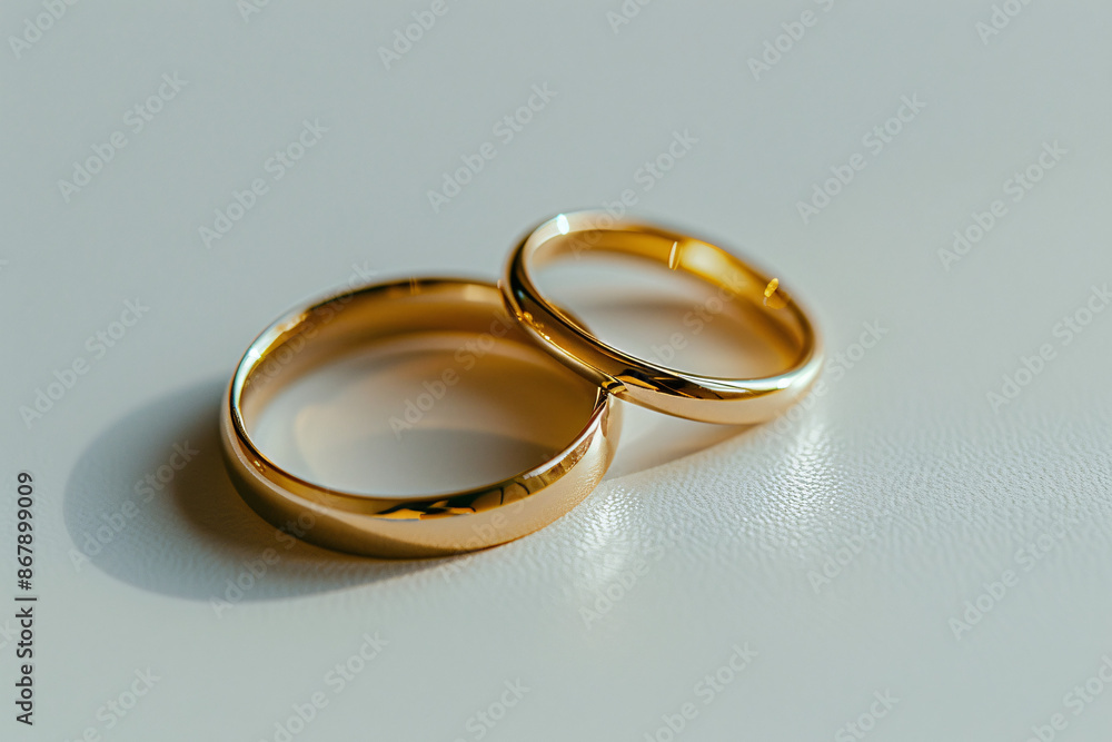 Two gold wedding rings lying side by side on a white surface casting soft shadows and shining in the light Two gold wedding rings lying side by side on a white surface casting soft shadows and shining in the light