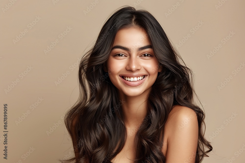 Beautiful Brunette Woman Smiling Portrait with Long Curly Hair Beautiful Brunette Woman Smiling Portrait with Long Curly Hair