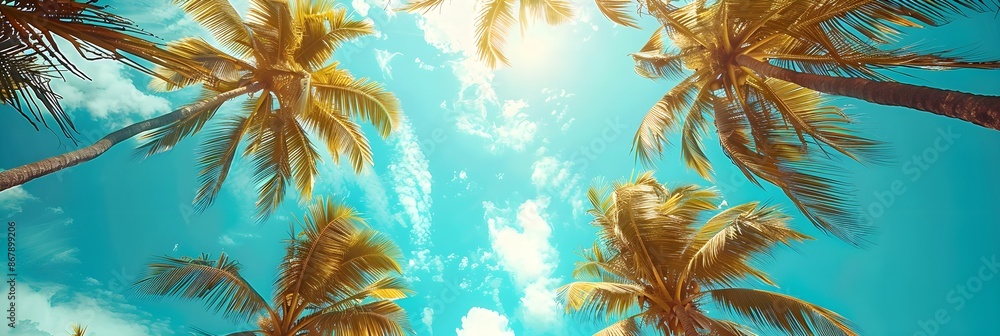Blue sky and palm trees view from below, vintage style, tropical beach and summer background, travel concept Blue sky and palm trees view from below, vintage style, tropical beach and summer background, travel concept