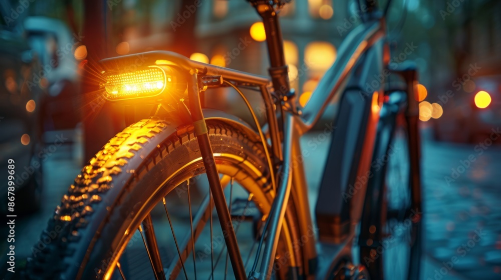 Obraz premium Cityscape with Illuminated Bicycle at Twilight