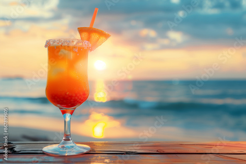 Summer exotic cocktail on the wooden table with sea on the background at sunset. Perfect summer beach resort, exotic summer vacation, amazing landscape. Freedom relax holiday