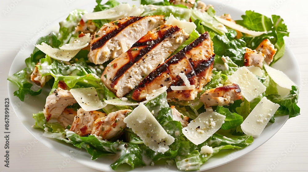 Freshly made caesar salad grilled chicken and parmesan cheese on a white background Freshly made caesar salad grilled chicken and parmesan cheese on a white background