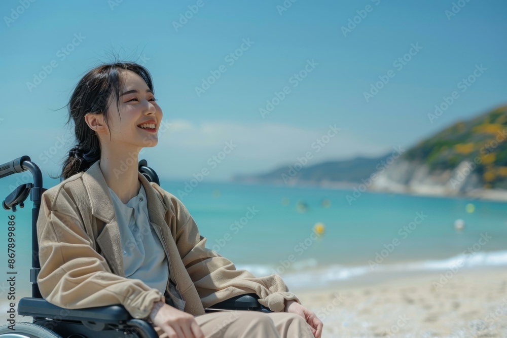 Young woman in a wheelchair enjoying the sea view AI. Young woman in a wheelchair enjoying the sea view AI.