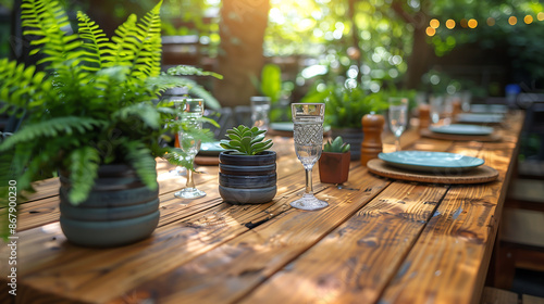 wooden table set for an outdoor dining experience, with plants and decor, bathed in warm sunlight photo