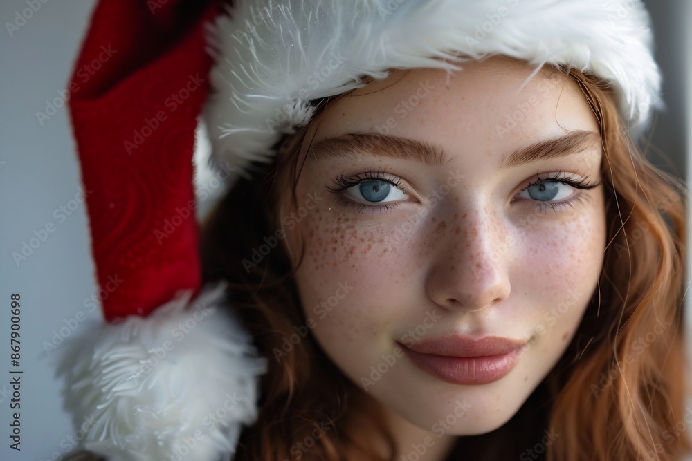Cheerful Woman in Red and White Santa Hat with Fur Trim Cheerful Woman in Red and White Santa Hat with Fur Trim