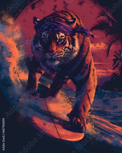 tiger graphic, tiger sports, tiger surf, animal surf, surfing, sports, surfboard,  tiger t-shirt graphic, tvibrant graphic,   t-shirt graphic, Animal sports, summer sports photo