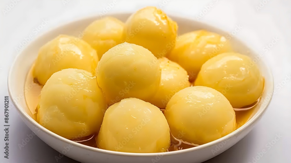 Soft spongy rasgulla soaked in sweet syrup on a white background Soft spongy rasgulla soaked in sweet syrup on a white background