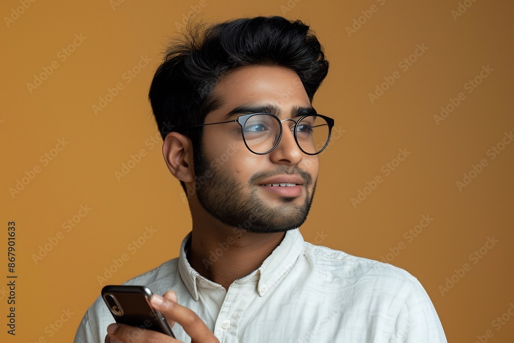 Obraz premium Handsome Young Man in Glasses Holding Phone, Stylish Fashion Portrait