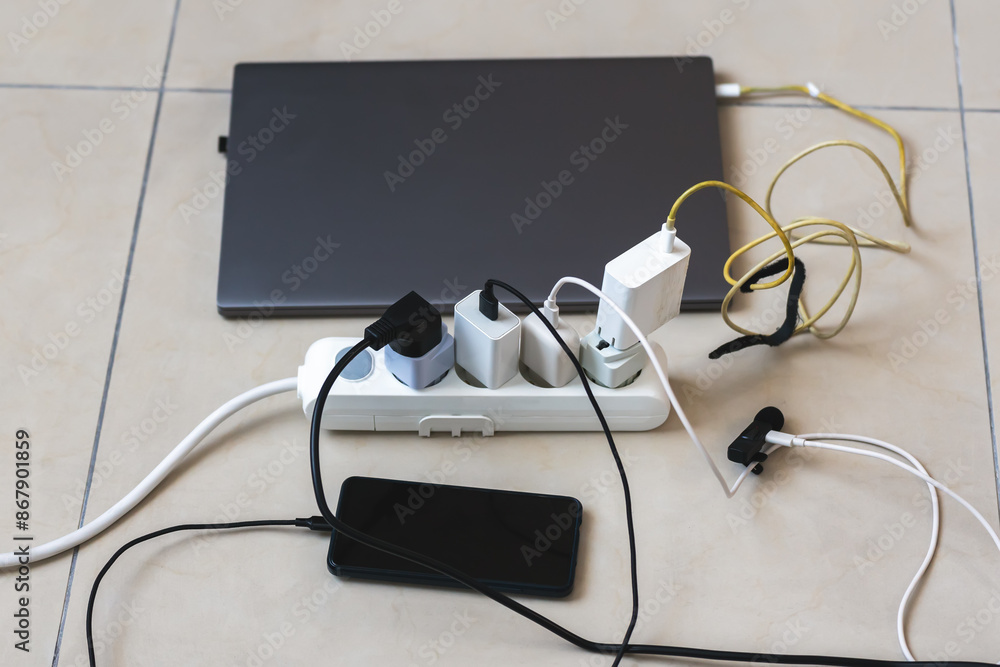 Electrical outlet with many chargers connected to it for a smartphone, laptop, microphone Electrical outlet with many chargers connected to it for a smartphone, laptop, microphone