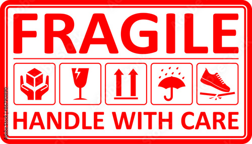 Fragile package icons set, handle with care logistics and delivery shipping labels. Fragile box. Just Print and Use, Vector