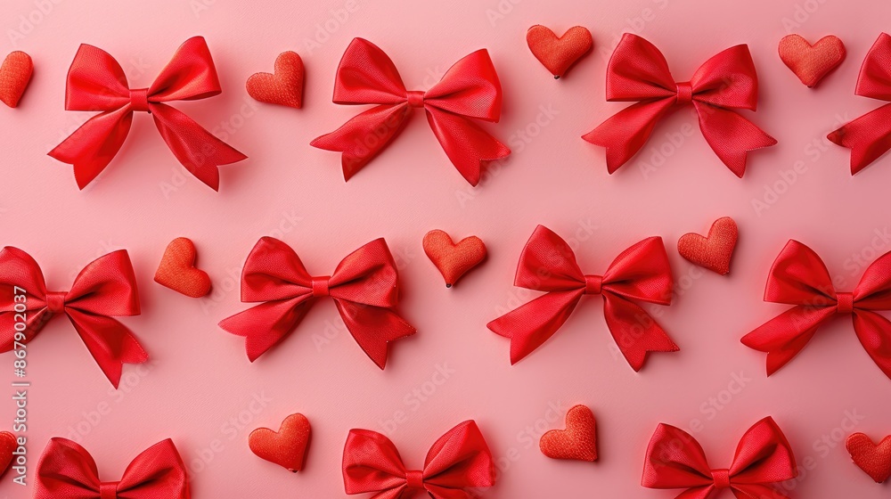 Valentine s Day themed flat lay with small red bows Valentine s Day themed flat lay with small red bows
