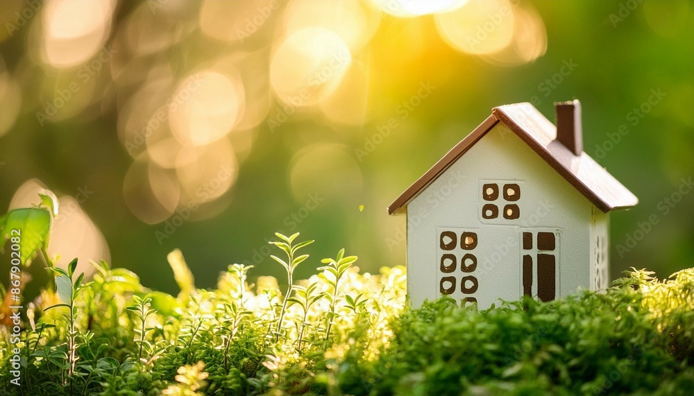 Copy space of home and life concept. Small model home on green grass with sunlight abstract background. Copy space of home and life concept. Small model home on green grass with sunlight abstract background.