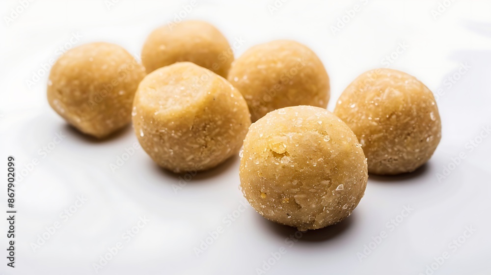 Traditional laddu made gram flour and sugar perfectly round and golden on a white background Traditional laddu made gram flour and sugar perfectly round and golden on a white background