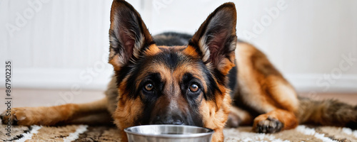 German shepherd dog laying on a rug looking at empty food bowl photo