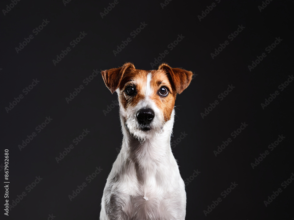 White and brown jack russell terrier dog posing against a black background White and brown jack russell terrier dog posing against a black background