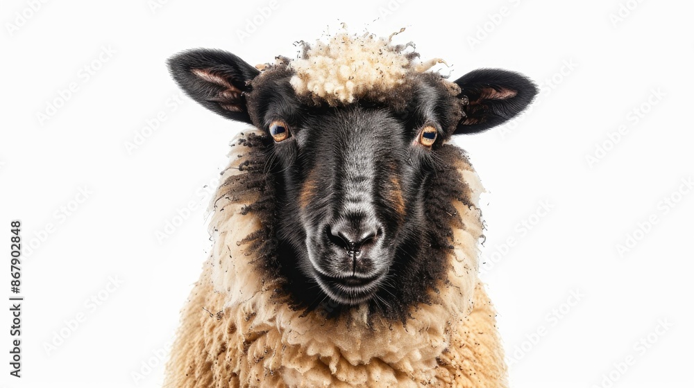 Fototapeta premium Portrait of a two year old female Suffolk sheep against a white backdrop