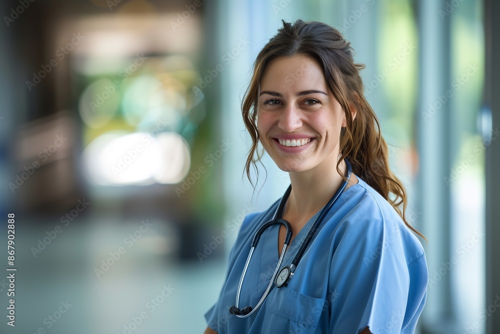 Smiling Female Doctor in Blue Scrubs with Stethoscope