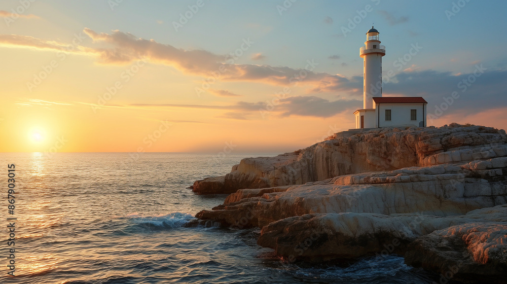 Fototapeta premium Lighthouse on the rocky shore at sunset