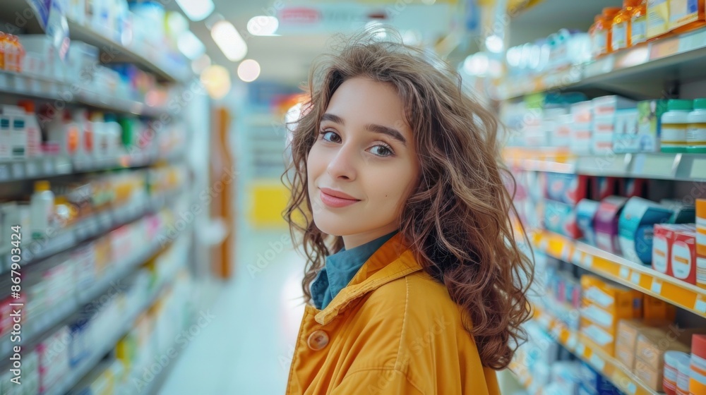 Young happy woman buying medicine in pharmacy and looking at camera. Young happy woman buying medicine in pharmacy and looking at camera.