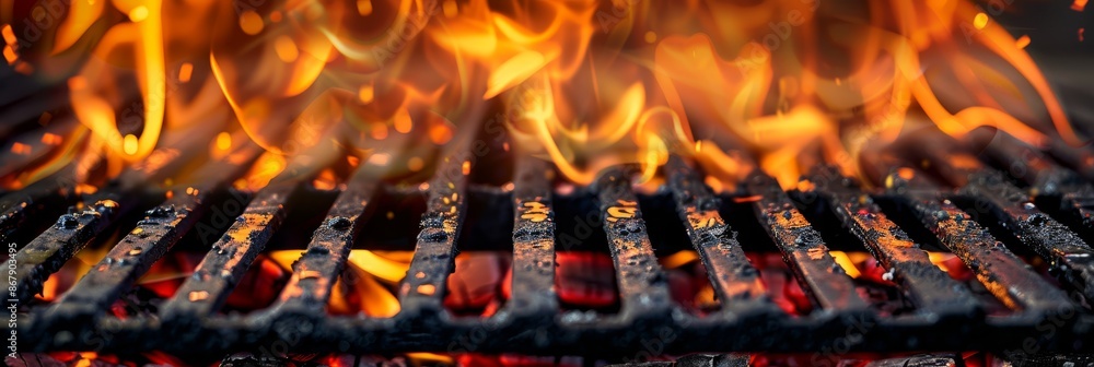 Closeup of hot barbecue grill with flames and coals, ideal for summer parties and outdoor gatherings Closeup of hot barbecue grill with flames and coals, ideal for summer parties and outdoor gatherings