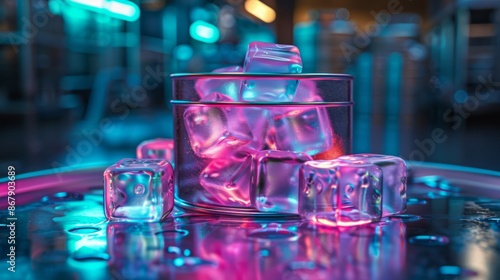 Neon Ice Cubes in Metallic Container on Reflective Surface