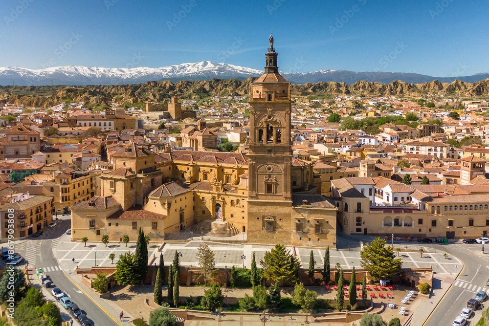 Aerial view of Guadix Cathedral in Guadix, province of Granada, Andalusia, Spain
