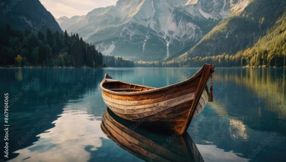 a boat floating in a lake surrounded by mountains a boat floating in a lake surrounded by mountains