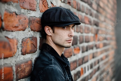 Young Man in Black Cap Leaning on Brick Wall