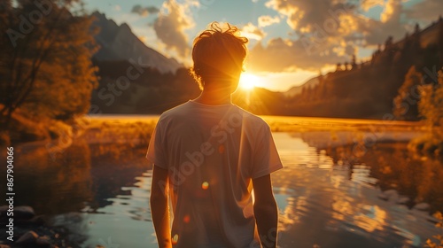 Young male standing in front of a warm summer sunrise reflection of the sky at a mountain lake #867904066