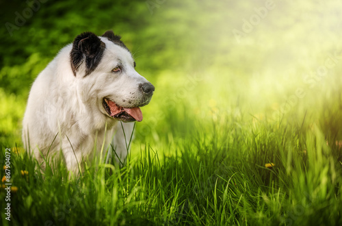 The Central Asian Shepherd Dog on green grass. Springtime. photo