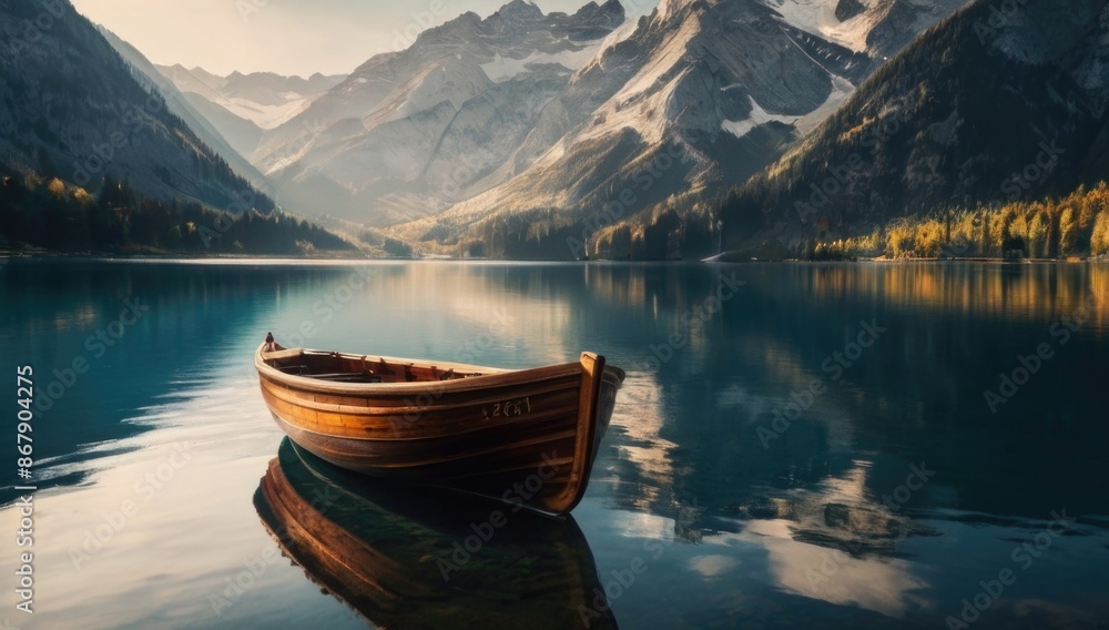 a boat floating in a lake surrounded by mountains a boat floating in a lake surrounded by mountains