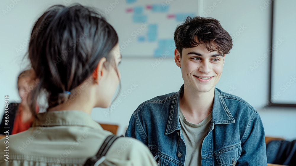 A young man in a denim jacket shares a moment of connection with a friend, as they sit in a room that appears to be a classroom or a casual meeting space - Generative AI A young man in a denim jacket shares a moment of connection with a friend, as they sit in a room that appears to be a classroom or a casual meeting space - Generative AI