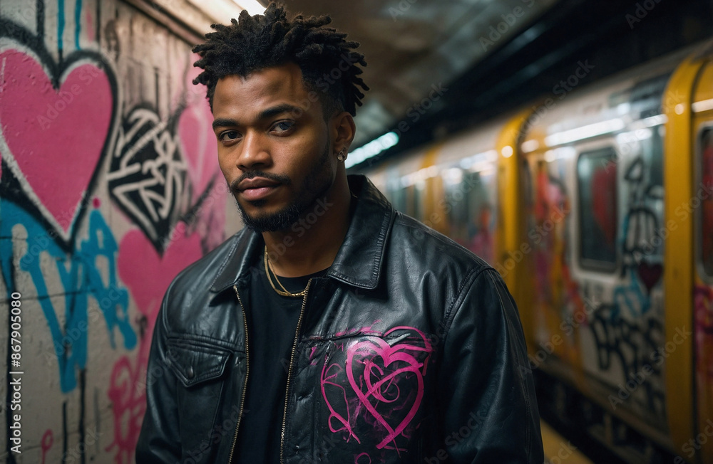 A man wearing a black leather jacket with hearts painted on it stands in front o A man wearing a black leather jacket with hearts painted on it stands in front o