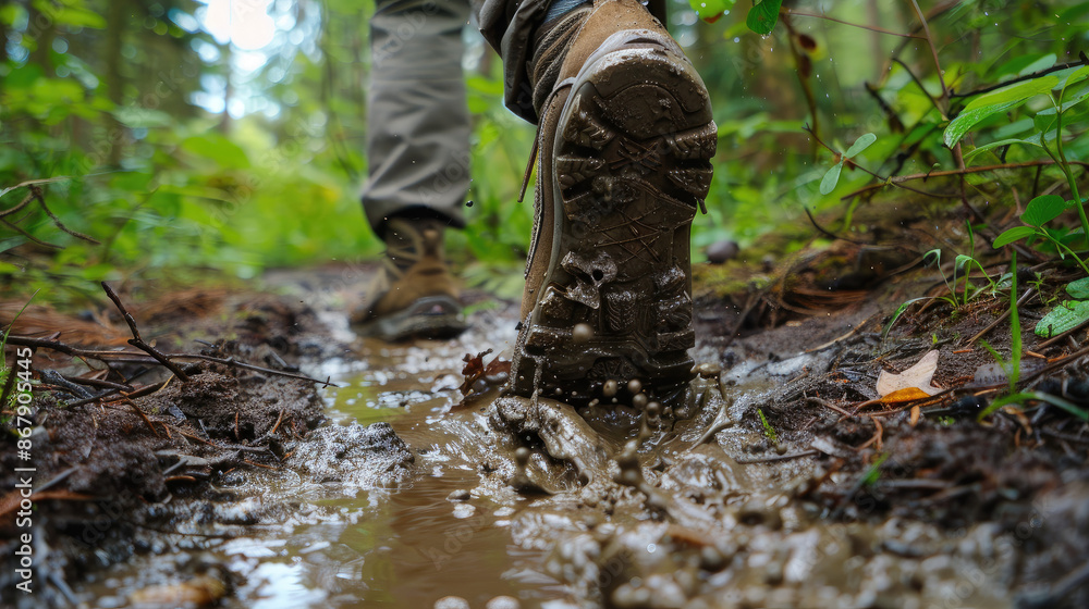 A close-up of a person's muddy boot splashing through a puddle on a forest path. The lush green surroundings suggest a recent rainfall and a rugged outdoor activity. A close-up of a person's muddy boot splashing through a puddle on a forest path. The lush green surroundings suggest a recent rainfall and a rugged outdoor activity.