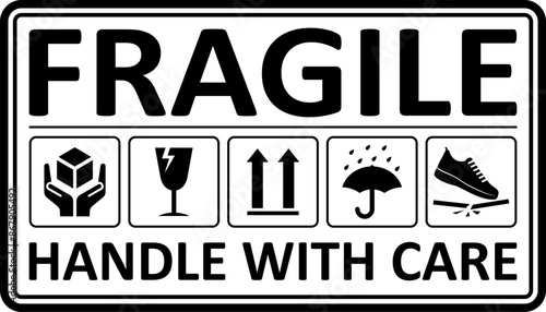 Fragile package icons set, handle with care logistics and delivery shipping labels. Fragile box. Just Print and Use, Vector